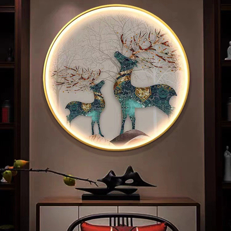 现代轻奢玄关装饰画圆形背景墙led带灯走廊过道对门挂画晶瓷壁画图片
