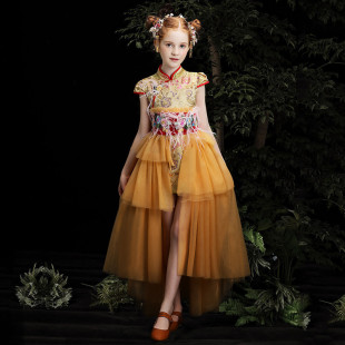 儿童礼服女童旗袍古筝演出服国潮模特走秀高端钢琴主持表演晚礼服