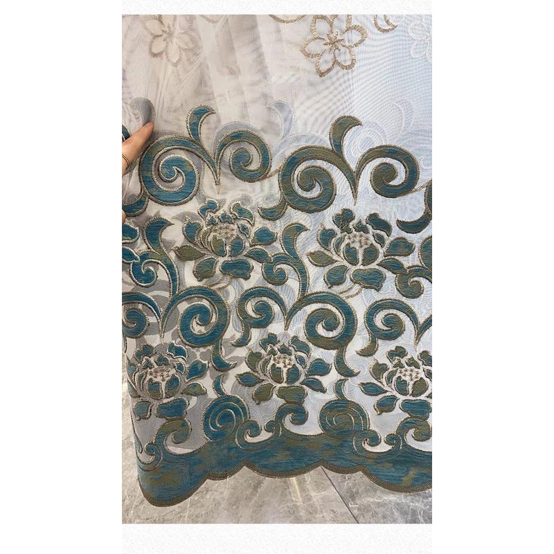 新款欧式客厅豪华蓝色布料镂空绣花窗帘纱帘阳台落地窗绒布批发