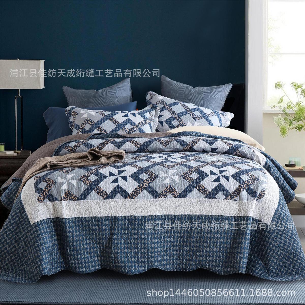 被欧美风格活性磨毛涤棉仿拼块绗缝出口床盖热卖款三件套