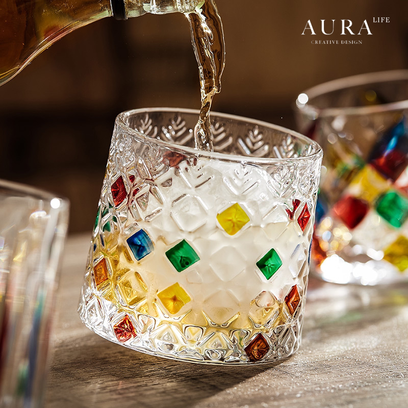 AURA'S高颜值加厚彩色玻璃杯旋转高级感威士忌酒杯订婚酒杯带底座