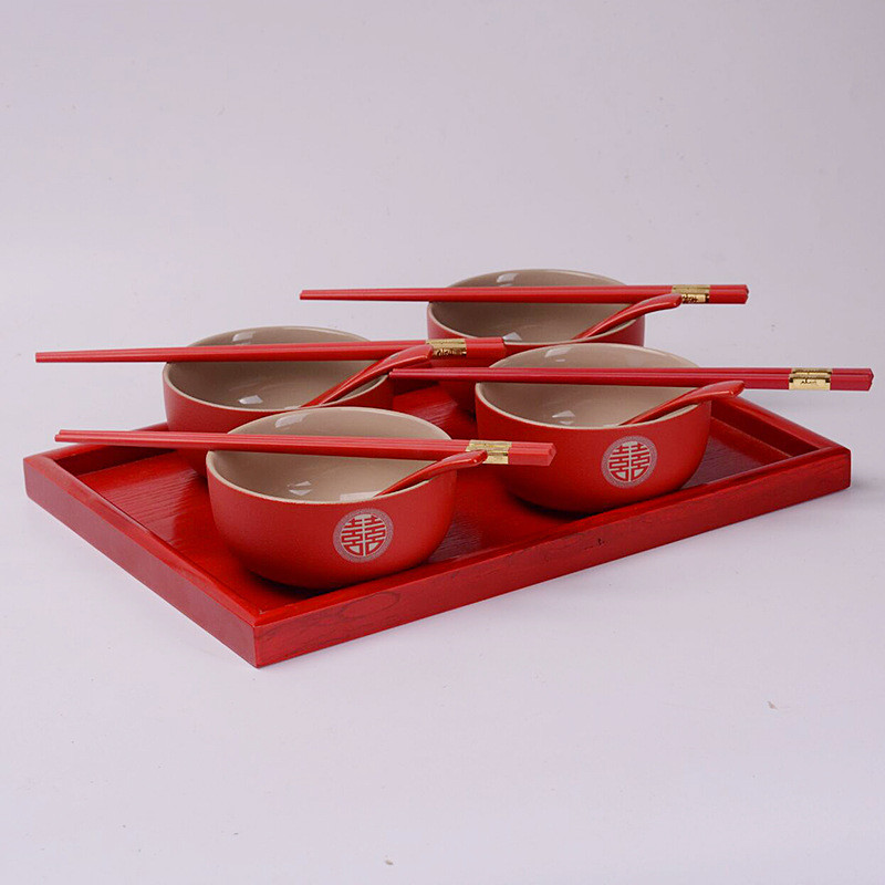 5dbj批发红色改口敬茶杯盖碗结婚喜对碗托盘茶杯碗筷套装陪嫁婚