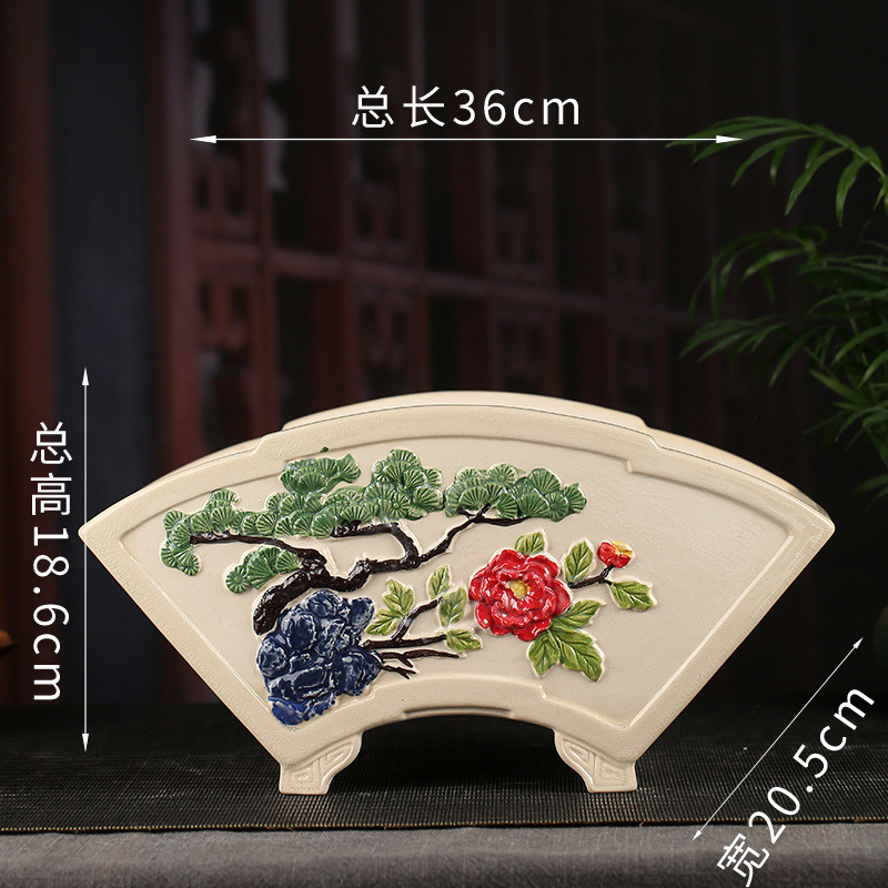 张治诚精品紫砂浮雕盆景花盆批发扇形彩绘桌面文竹多肉彩绘ydfd01