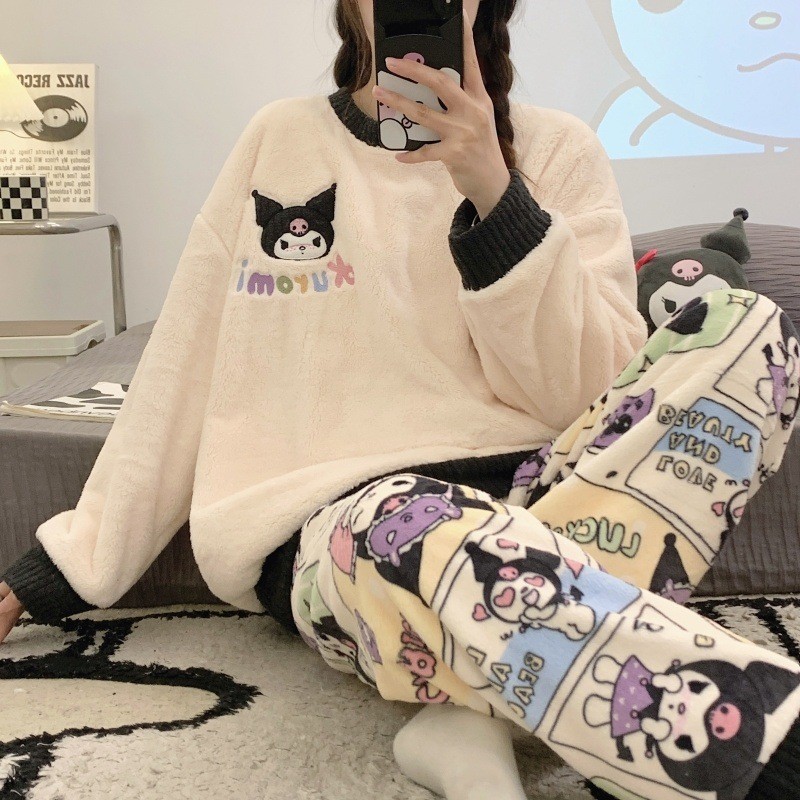睡衣女冬珊瑚绒加绒保暖秋冬季学生可爱卡通长袖法兰绒家居服