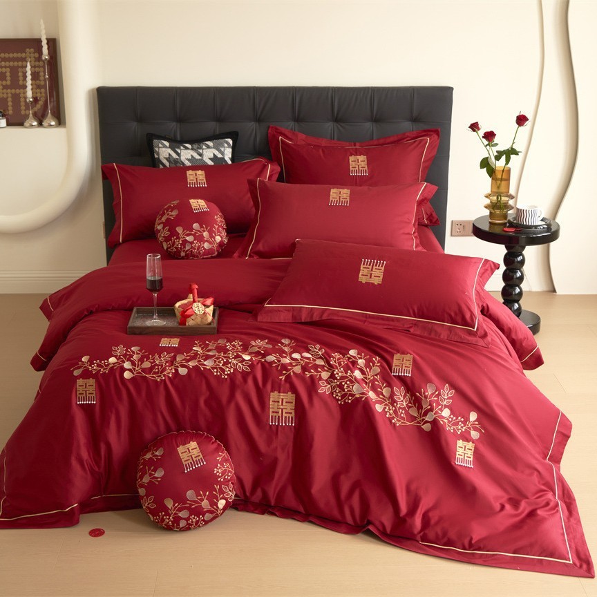 新中式婚庆四件套红色全棉100支品刺绣花结婚被套床单床长绒棉