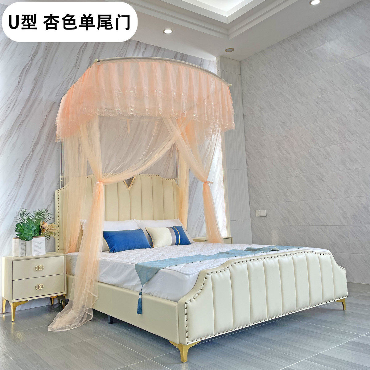 加密家用高单三门蚊帐落地厚不锈钢架1.35m1.h*u型可拆洗伸缩床帘