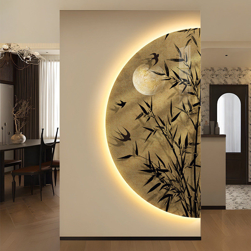 中古风墨竹玄关装饰画正过道挂画法式复古入户走廊对门氛围灯壁画