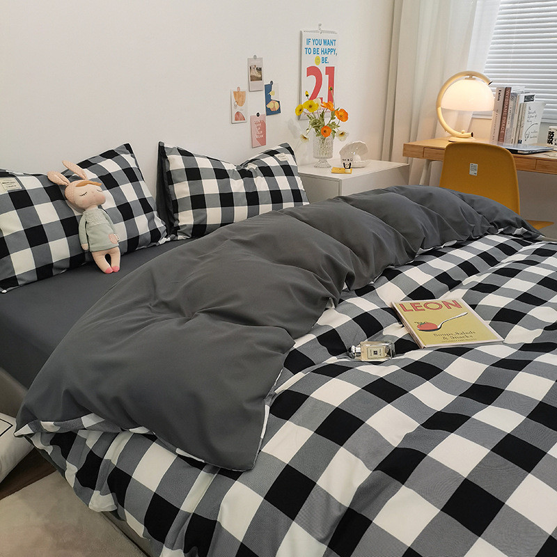 件套床笠款风简约纯色被套双拼水洗3ins棉四件套格子学生宿舍床单