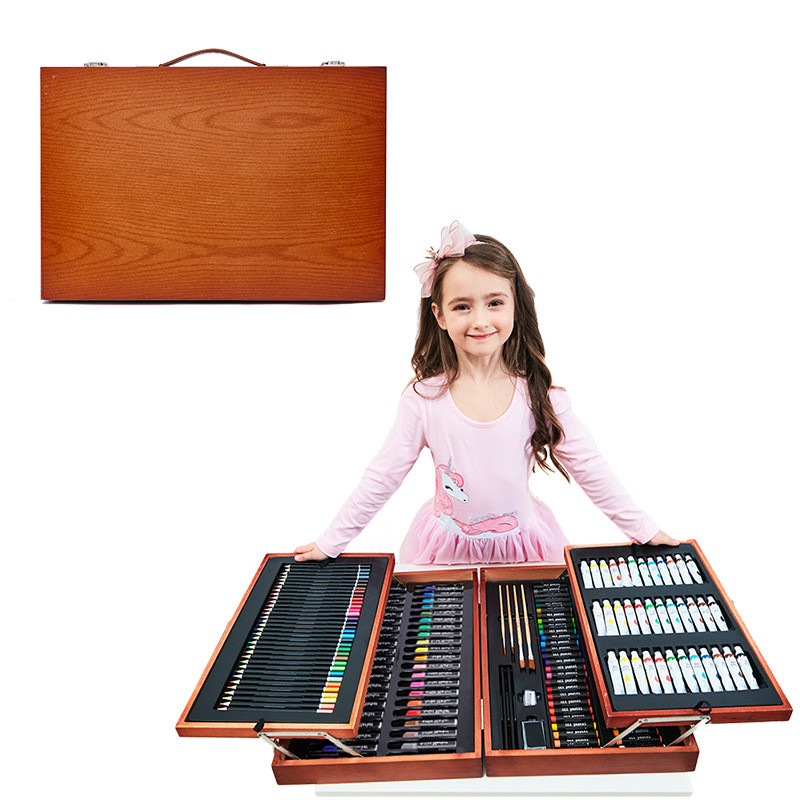 174pc绘画套装画笔蜡笔木盒儿童礼品丙烯颜料画画套装水彩笔套装