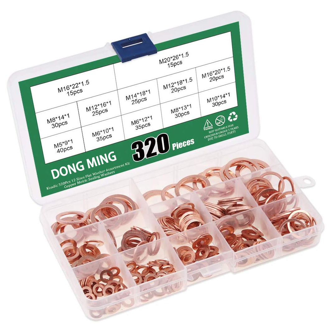 320pcs平垫平垫圈套装m5-m20紫铜密封平垫片o型垫圈纯铜紫铜盒装