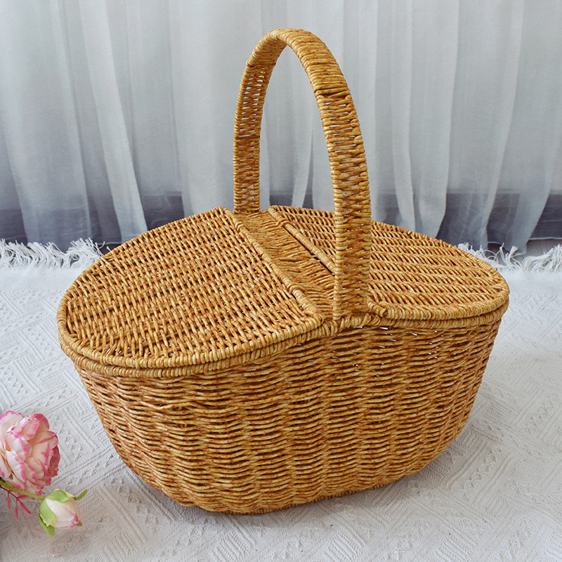 塑料仿藤篮购物提篮野餐篮花篮提手椭圆带盖菜篮水果筐收纳筐韩式