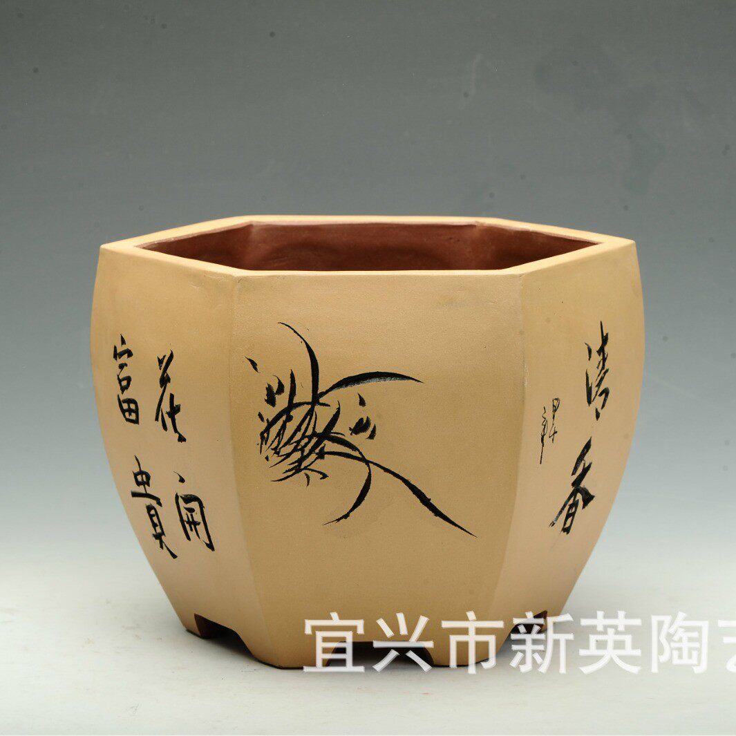 现货特大号宜兴紫砂花盆植物陶盆花卉菖蒲六方兰古典园艺盆景