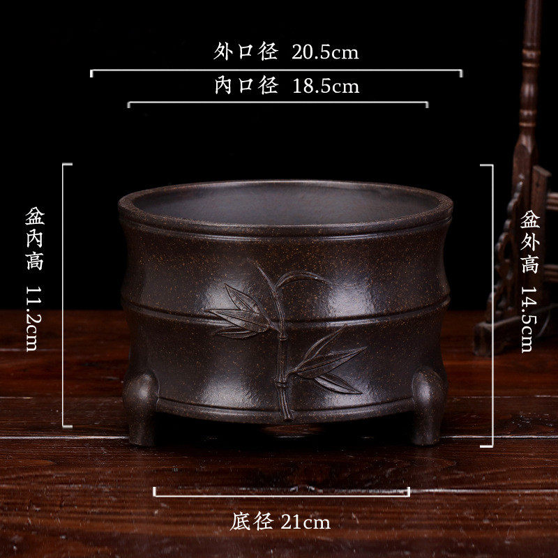 宜兴紫砂花盆三兰花盆足君子兰竹节多肉简约陶瓷透气园艺厂家批发