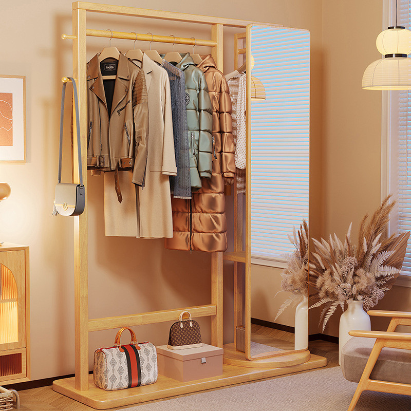 实木挂衣架卧室衣帽架落地带镜子家用多功能旋转穿衣镜收纳衣服架
