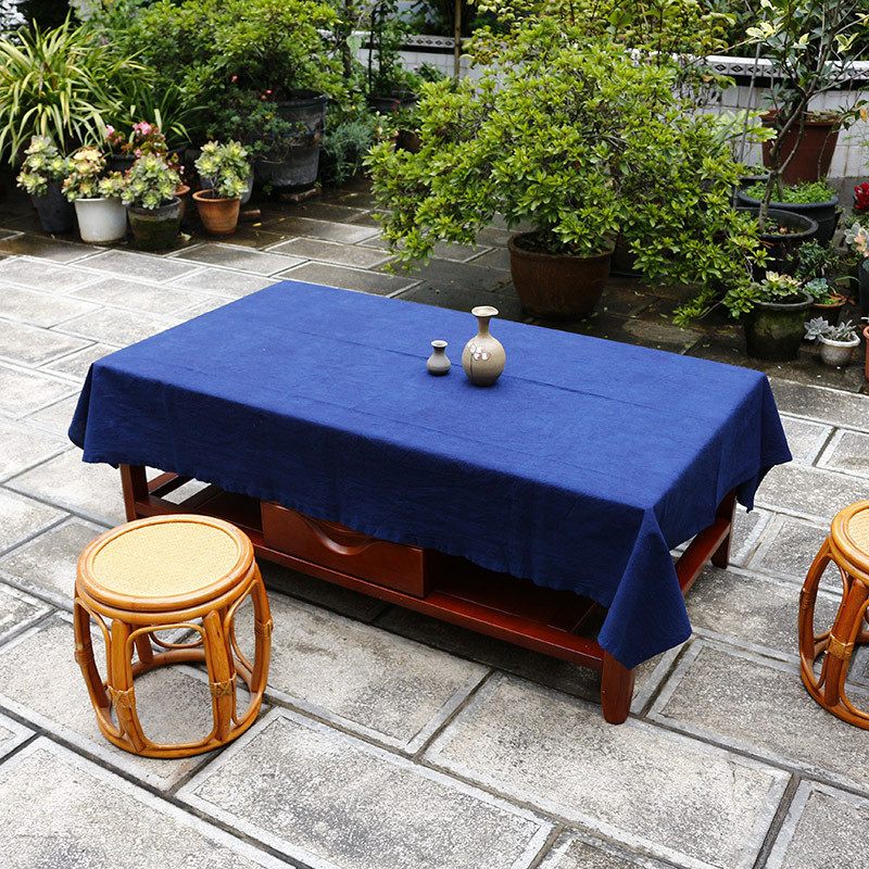 蓝言新款手工扎染茶几桌布长方形纯色家用台布田园风植物蓝艺染布