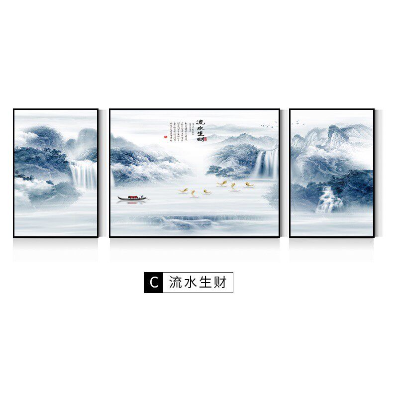 新中式客厅装饰画沙发背景墙画三联挂画山水画中国风壁画招财国画