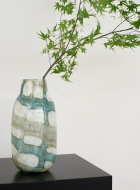 热销花瓶蓝绿肌理网格艺术氛围感中古琉璃瑞典新中式高级手工玻璃