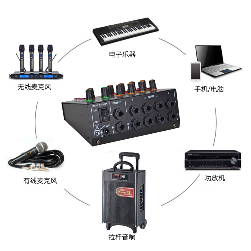 美咪MIX428混音器混响12V立体声8通道输入2路输出机磁带卡座储物