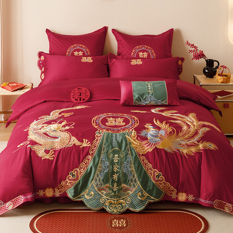浪漫婚庆100s长绒棉床单四件套床上用品刺绣全棉结婚被套床盖龙凤
