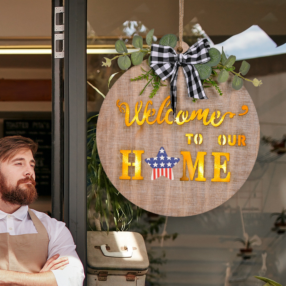 新品门牌装饰圣诞木质带灯圣诞格子蝴蝶结欢迎门牌可换配件