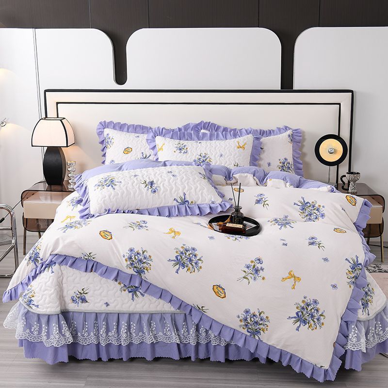 夹棉泡泡四件套水洗棉床裙床罩三件套床盖棉花边被套床上用品