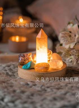 天然粉色水晶柱木质发光底座水晶装饰桌面多种宝石能量石夜灯