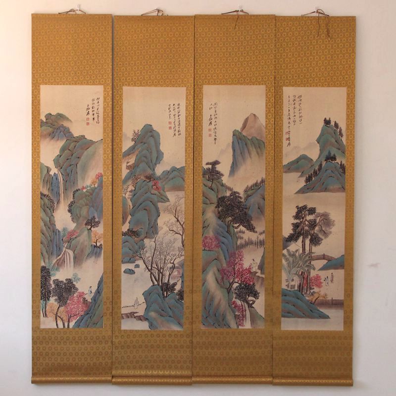 古玩字画中堂画四条屏国画挂画张大千山水画碧水青天装裱已壁画