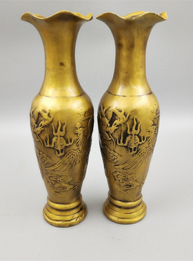 批发收藏复古做旧杂项工艺品大明龙凤花瓶黄铜宣德