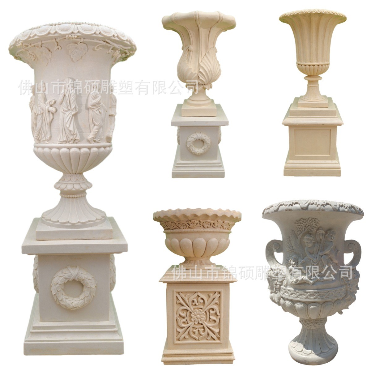 佛山厂家园林景观砂岩树脂雕塑欧式花盆玻璃钢仿石花盘外贸花钵