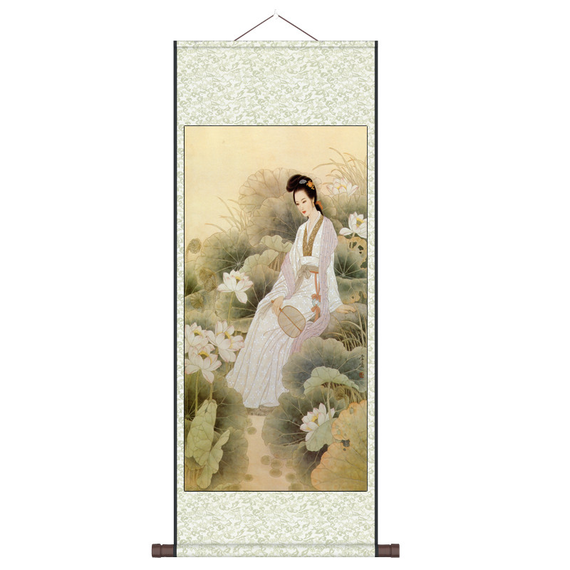 仿古挂定制丝绸壁画丝绸国画卷轴画仕女读书学院办公室装饰卷轴