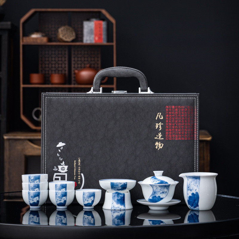 高档陶瓷茶具套装10头手绘礼品瓷家用三才盖碗泡茶功夫茶具羊脂玉