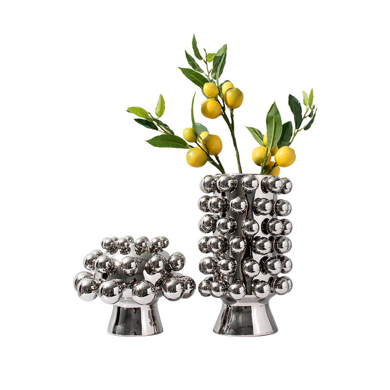 热销现代轻奢电镀银色陶瓷花瓶茶几桌面装饰品摆件圆球花器软装家