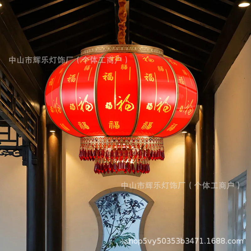 2024新款太阳能全铜结婚大红吊灯中国风古风大门口防水阳台小灯笼