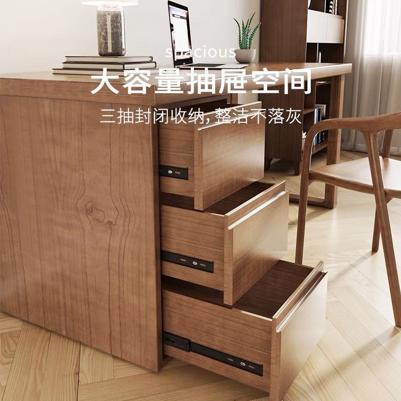实木台式电脑桌带抽屉柜子书桌靠墙简约现代一体卧室双人办公桌子