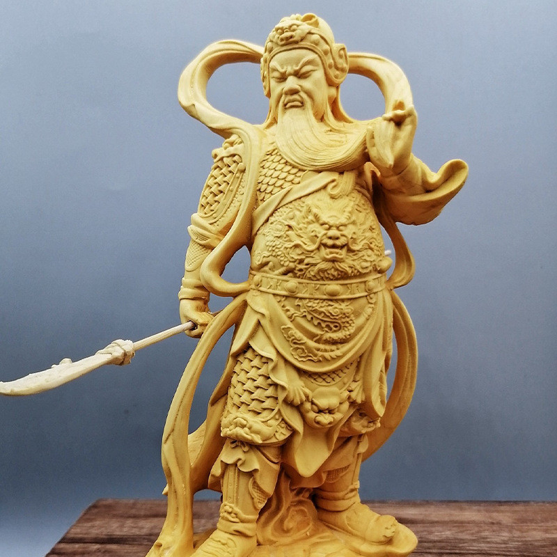 天然桧木家居黄杨木雕左右护法关公韦陀珈蓝菩萨摆件武财神关二爷