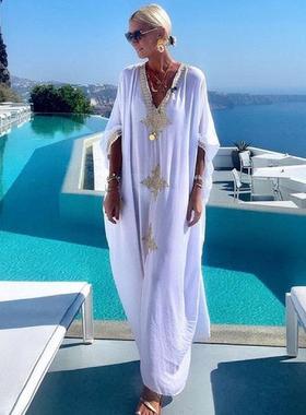 ）罩衫人棉金色绣花长袍度假罩衫21011（5色沙滩l