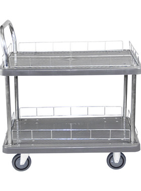 定制灰色塑料双层围栏车静音可扶手多层手推车搬运车固定加图加字