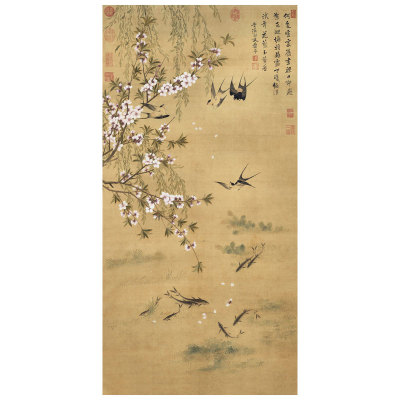 清恽寿平燕喜鱼乐图卷轴花鸟画装饰画客厅沙发玄关茶楼挂画字画