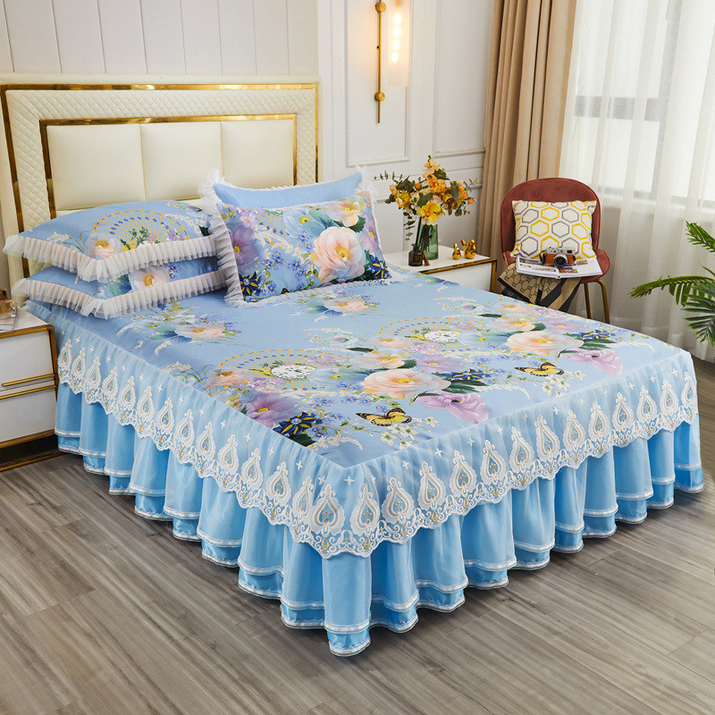 5zw韩版蕾丝床裙凉席1.8米加厚可折叠机洗冰丝席三件套空调软席子