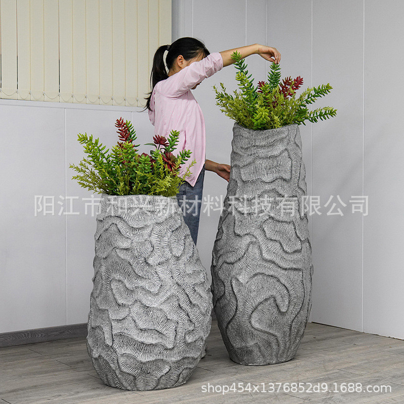 厂家户外波浪纹花瓶室内水泥绿植盆栽酒店商场玻璃钢花盆落地摆件