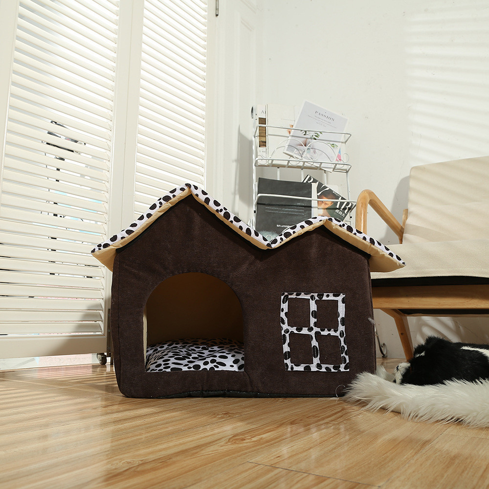 秋冬季新款宠物别墅房保暖毛绒双顶点斑猫窝奶牛可拆洗半封闭狗窝