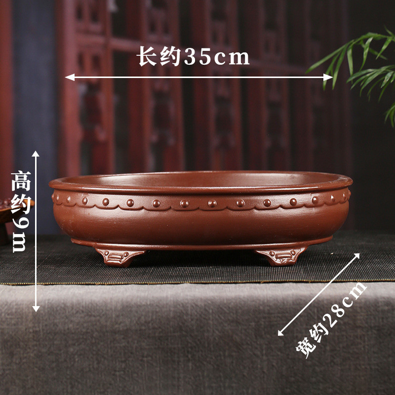 宜兴紫砂釉水花盆批发仿古大号圆形浅盆桌面创意装饰盆景摆件yd06