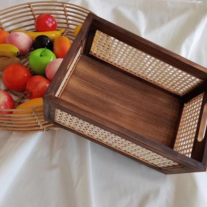 桌面覆古收纳筐篮子竹编彷藤编实木收纳盒日式木质长方形置物架
