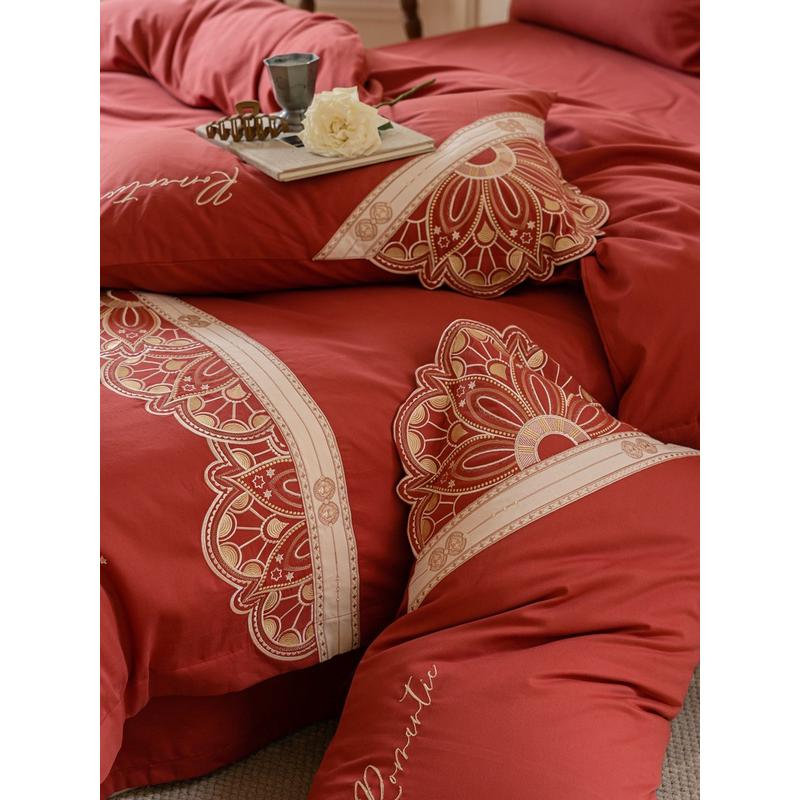 jw100支长绒棉刺绣大红婚庆四件套秋冬保暖磨毛全棉结婚床品