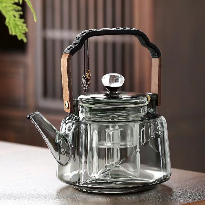 家用大容量蒸煮茶壶烟灰色木把玻璃煮茶壶星空壶 提梁壶蒸煮一体