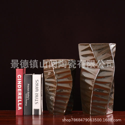 热销简约现代创意抽象摆件样板间客厅家居装饰品几何镀银陶瓷花瓶