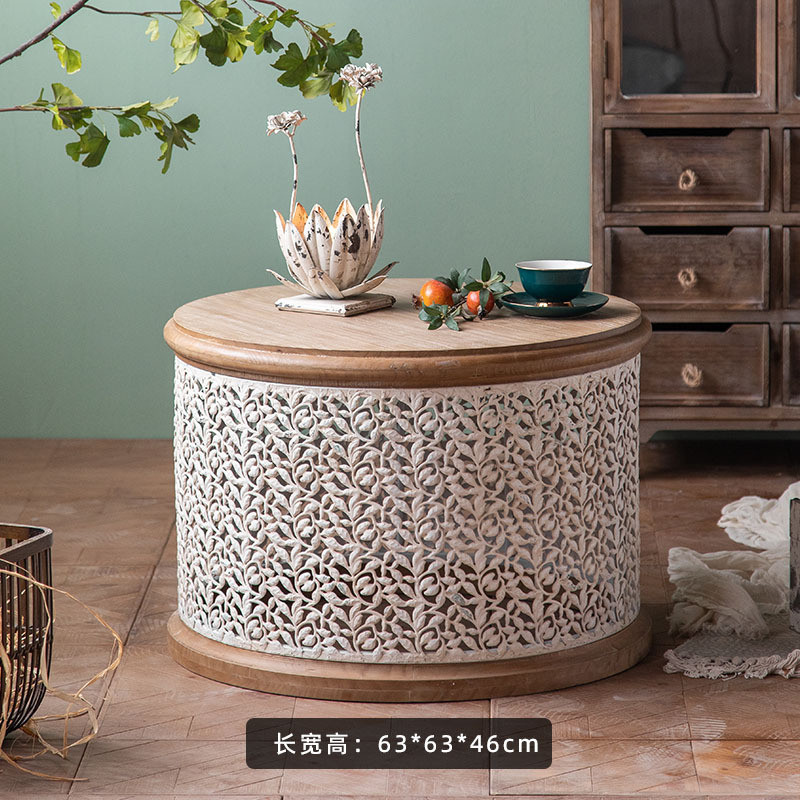 侘寂风圆形铁艺设计师复古矮桌雕花镂空圆桌茶几实木客厅沙发边几