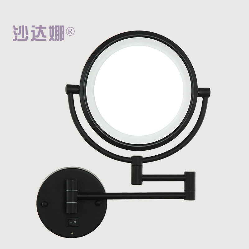 带灯化妆镜8寸双面酒店浴室黑色可折叠led化妆镜铁艺旋转可