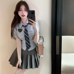 现货辣妹学院风JK制服衬衫 蓝色衬衣半身百褶裙纯欲 夏季 女收腰短袖
