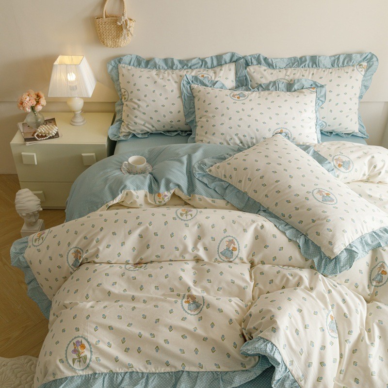 厂家批发ins韩式复古碎花棉少女心公主风荷叶边棉四件套4件套
